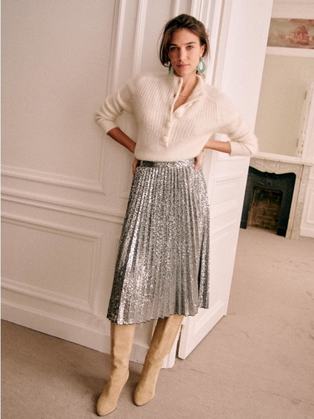 Sezane Dino Silver Sequin Pleated Midi Skirt 34